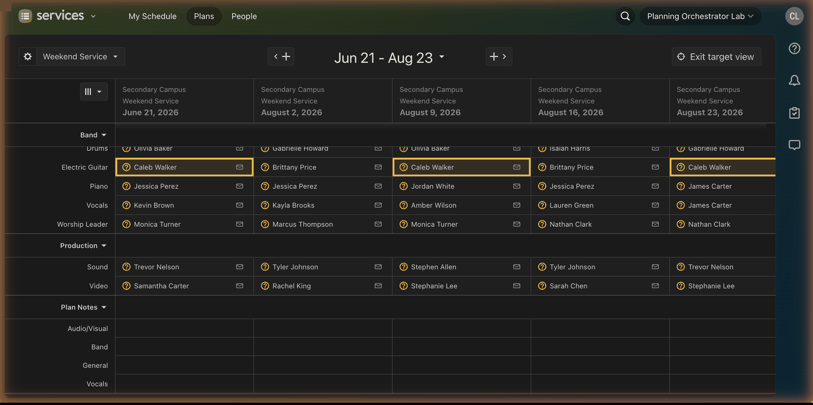 Target view in the Planning Center matrix highlighting the same volunteer in three different plan columns, with an Exit target view button in the top right