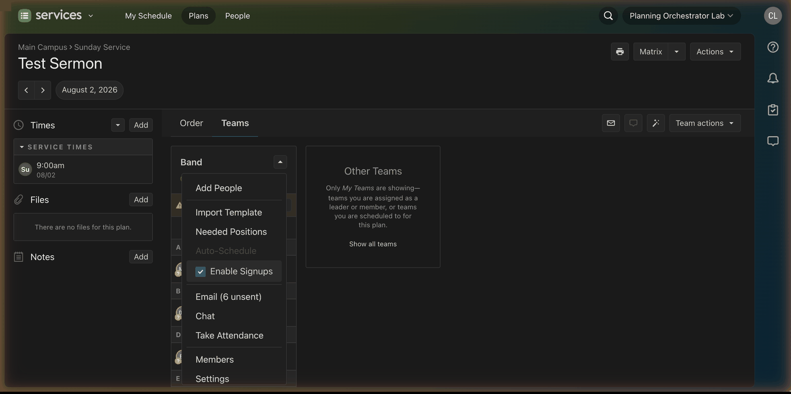 A plan's Teams tab in Planning Center with the team dropdown menu open and the Enable Signups checkbox checked