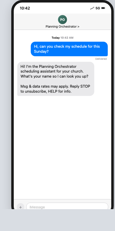 Volunteer-initiated text exchange showing the program disclosure in our first reply
