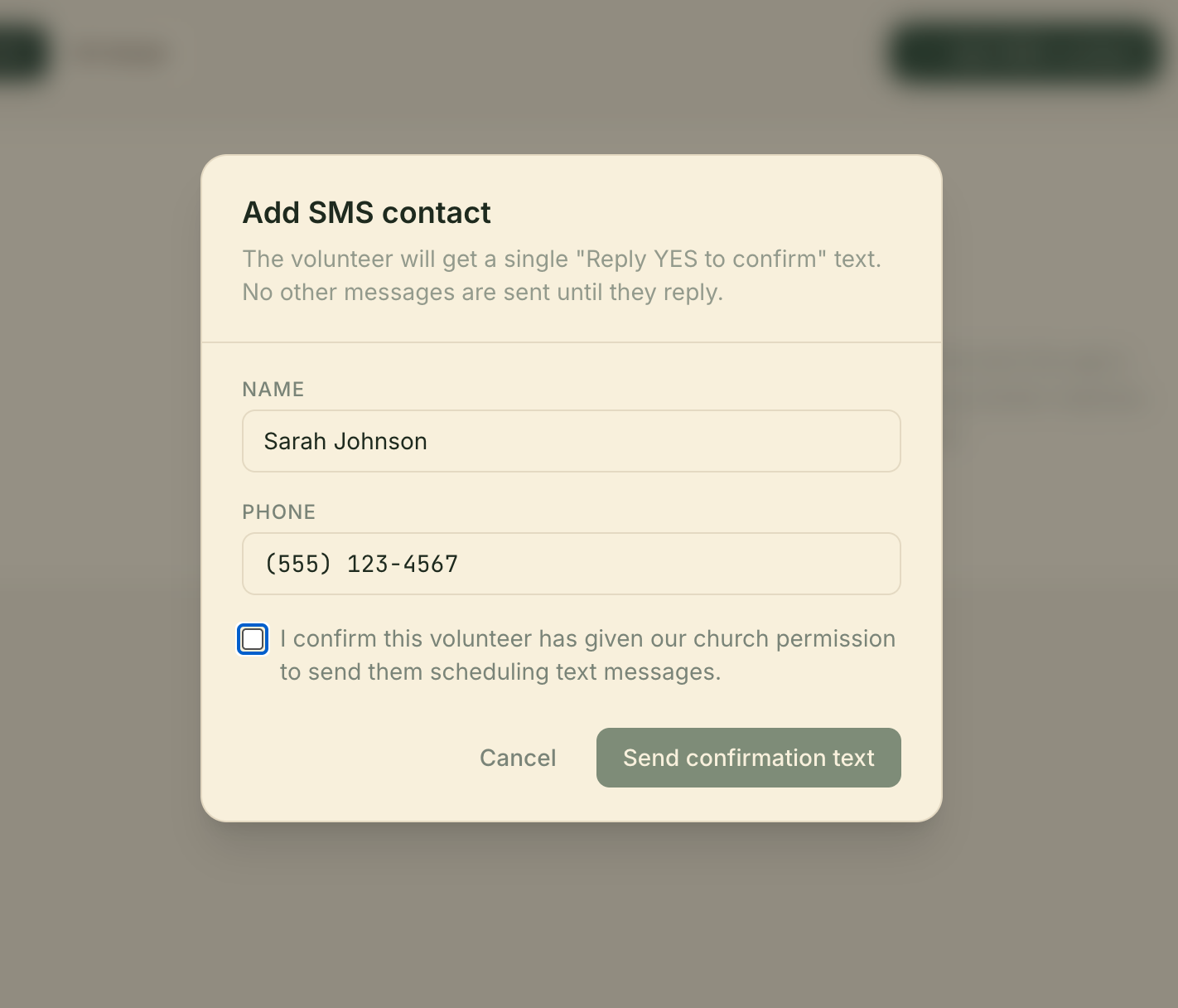 Add SMS contact form with attestation checkbox required before submission